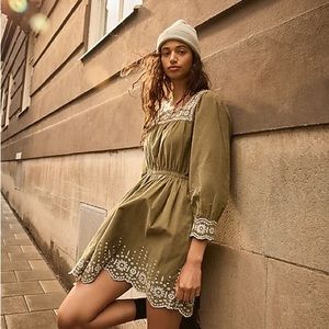 Madewell Green Corduroy Dress with pockets & embroidery detail